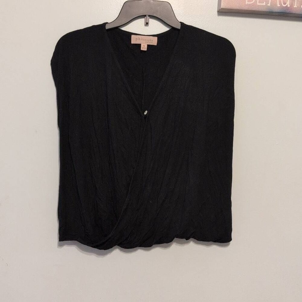 Philosophy Faux Wrap Top Surplice Neckline Button Closure XS Black